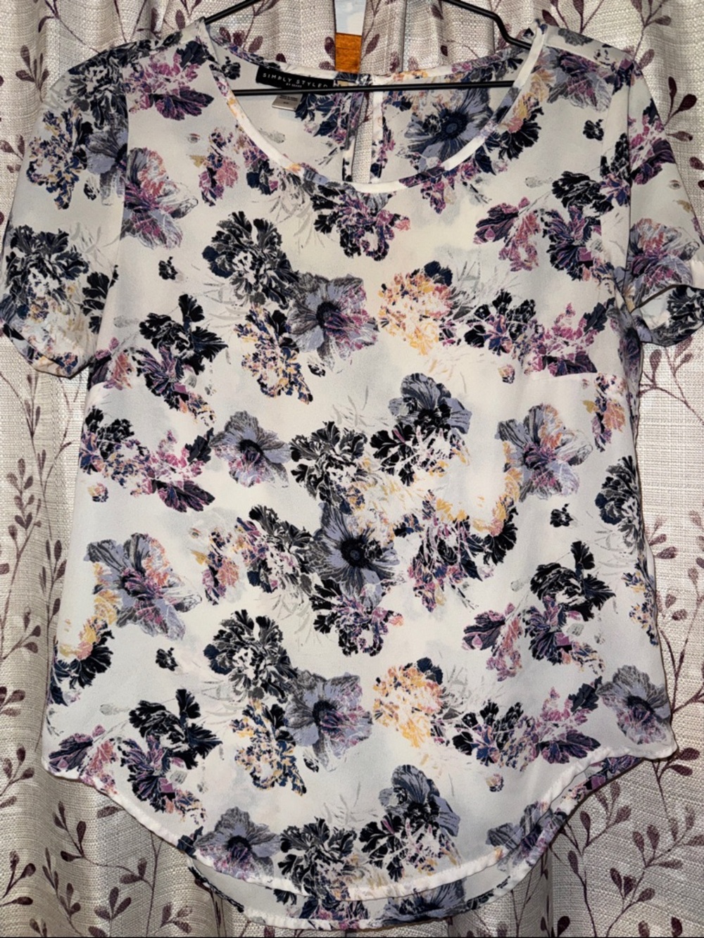 Simply Styled White Blouse with Purple, Black and Yellow Floral Print